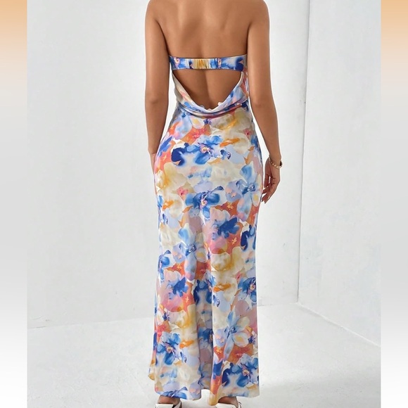 Brand New Formal Event Summer Floral Multicolor Strapless Maxi Gown Dress - Picture 3 of 4
